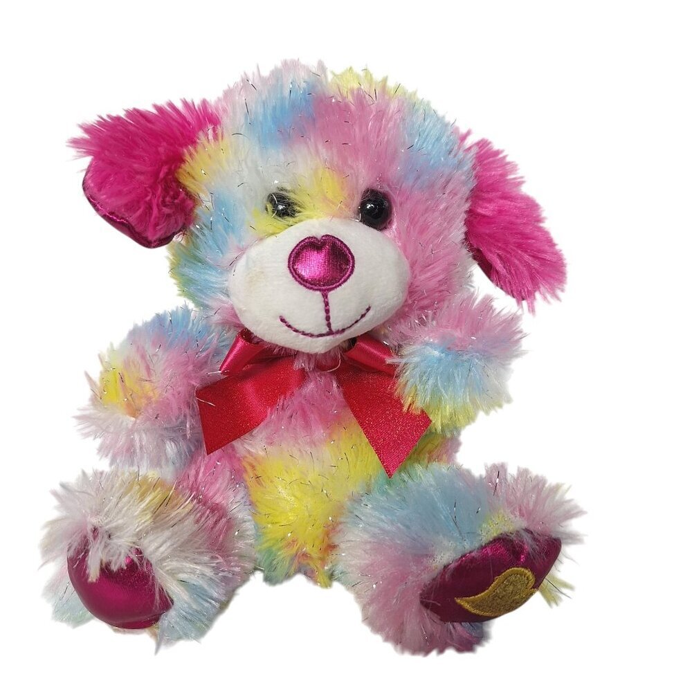 Rainbow Puppy Dog Plush Gold Heart Stuffed Animal 8 Inch